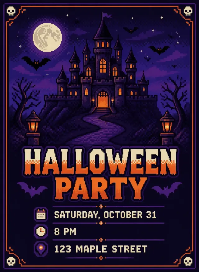 Pixel Art Haunted Castle Halloween Invitation