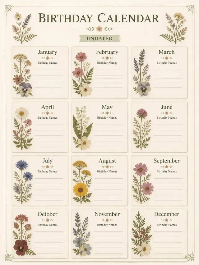 Pressed Flower Undated Birthday Calendar