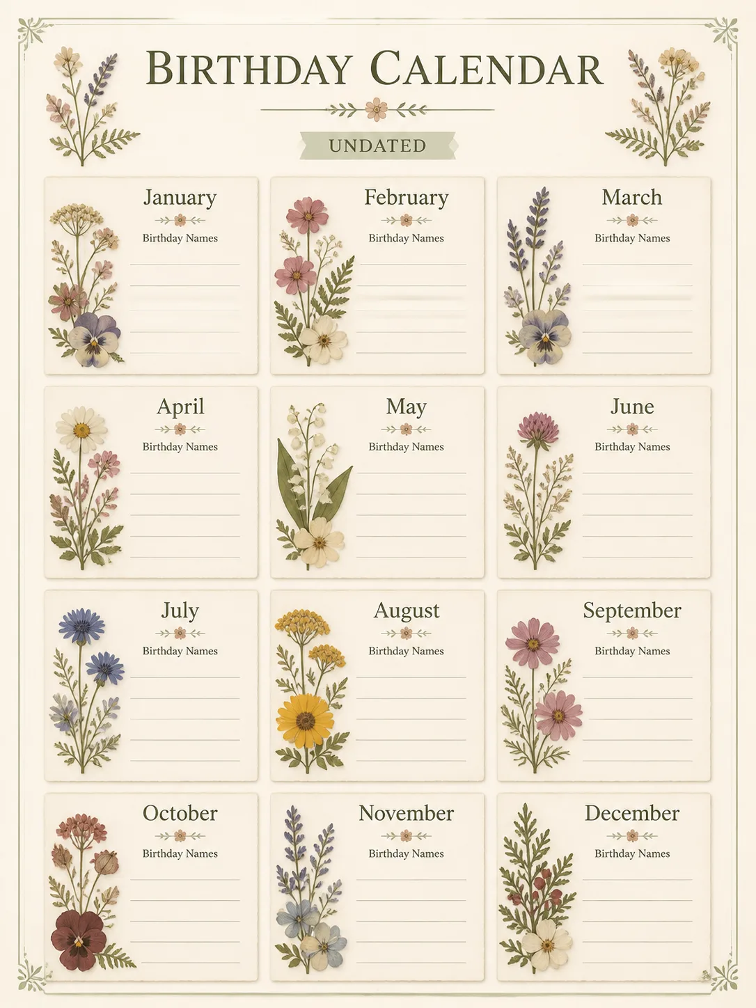 Pressed Flower Undated Birthday Calendar