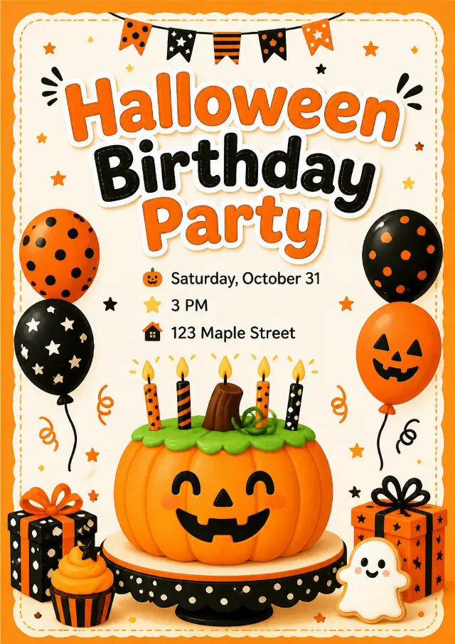 Pumpkin Cake Halloween Birthday Invitation