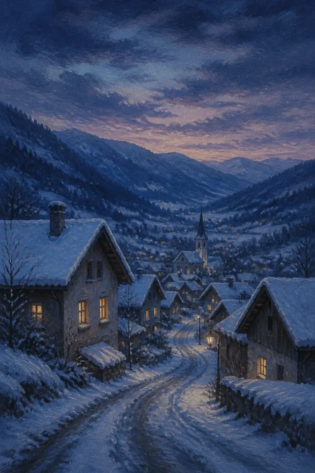 Quiet Blue Snowy Village Painting