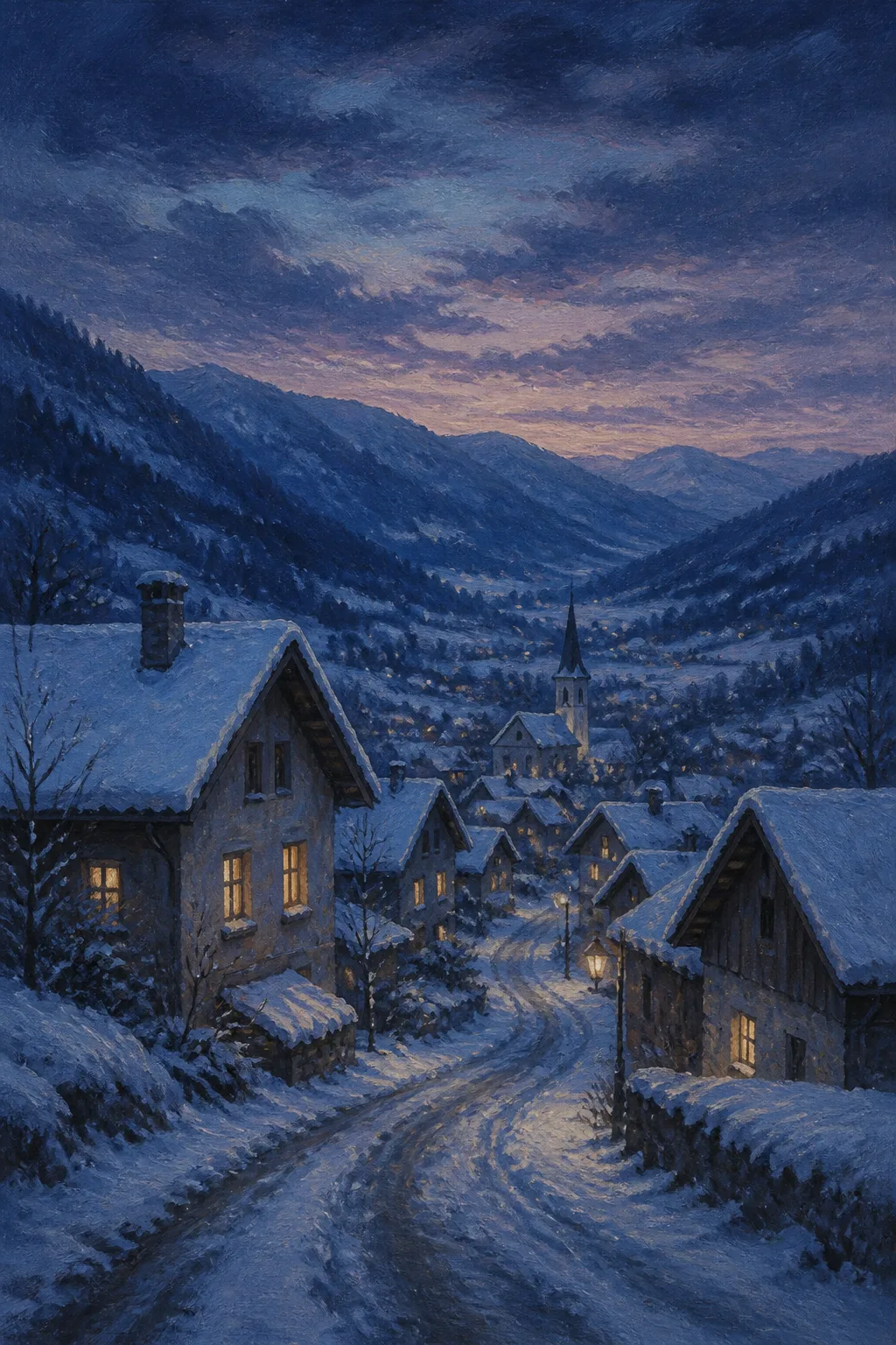 Quiet Blue Snowy Village Painting