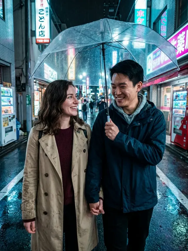 Rainy Tokyo Umbrella Couple Photo