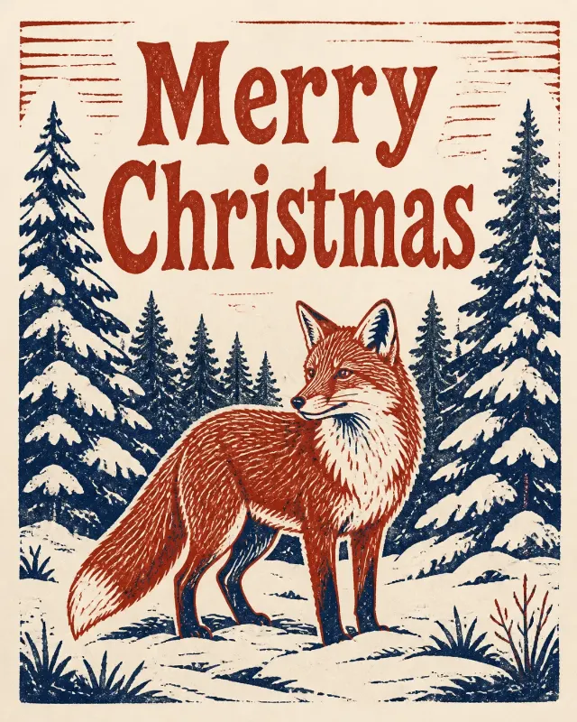 Red And Navy Linocut Christmas Card