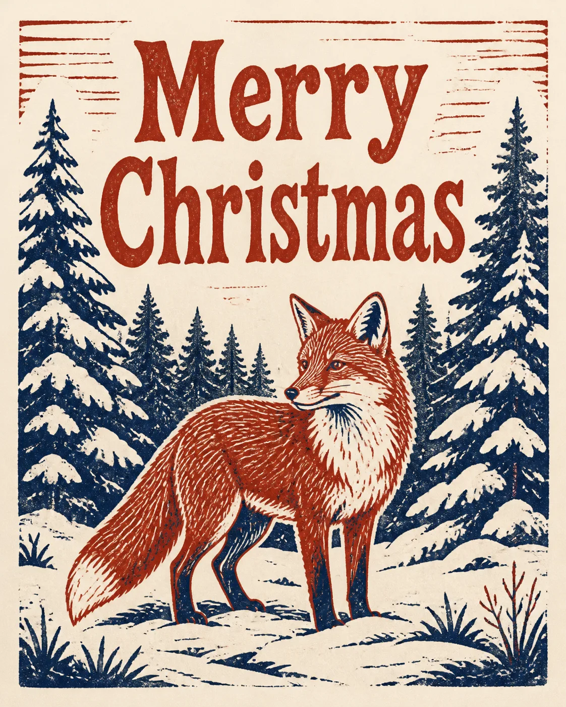 Red And Navy Linocut Christmas Card