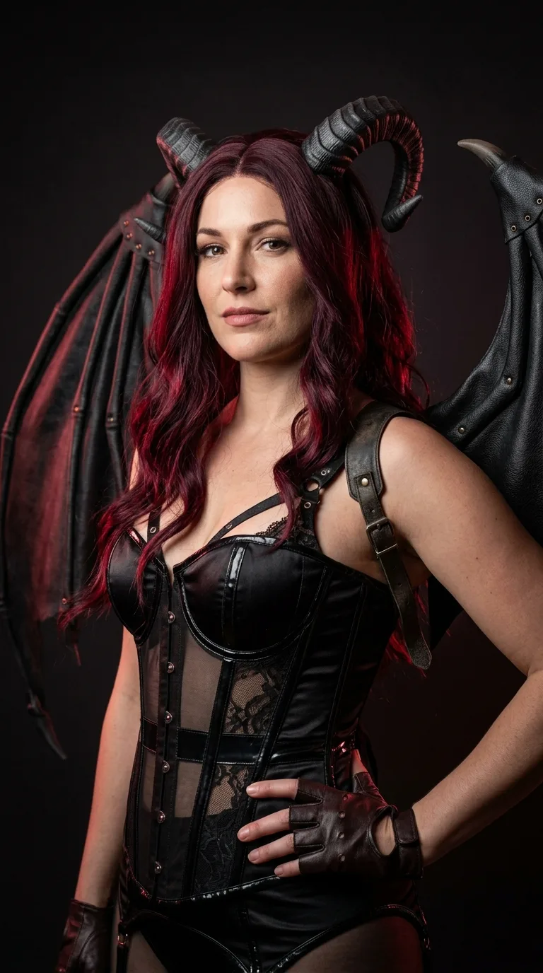 Red-Lit Succubus Cosplay Studio Portrait