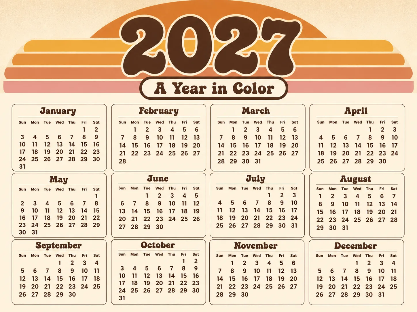 Retro 1970s Sunset Stripes Year Calendar