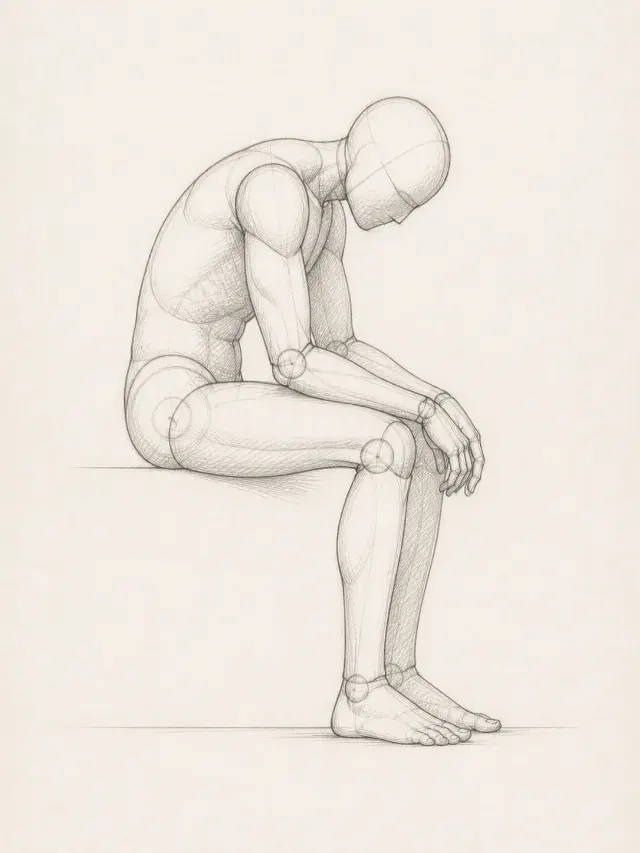 Sad Hunched Male Sitting Pose Sketch