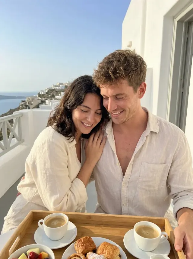 Santorini Balcony Couple Breakfast Photo