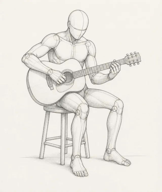 Seated Guitarist Pose Reference Sketch