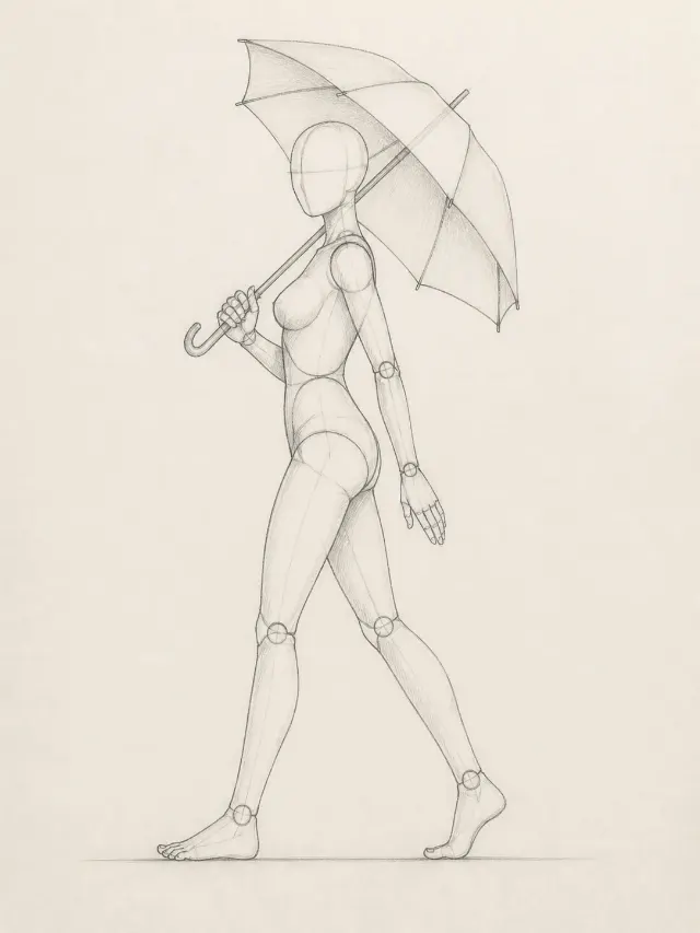 Side View Walking Umbrella Pose Sketch
