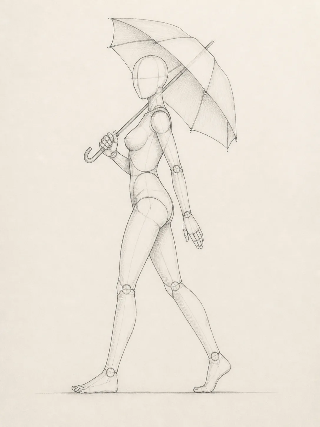 Side View Walking Umbrella Pose Sketch