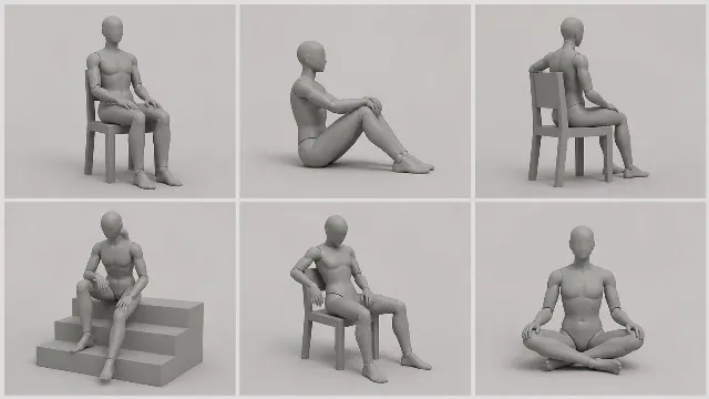 Six-Pose Sitting Figure Reference Sheet