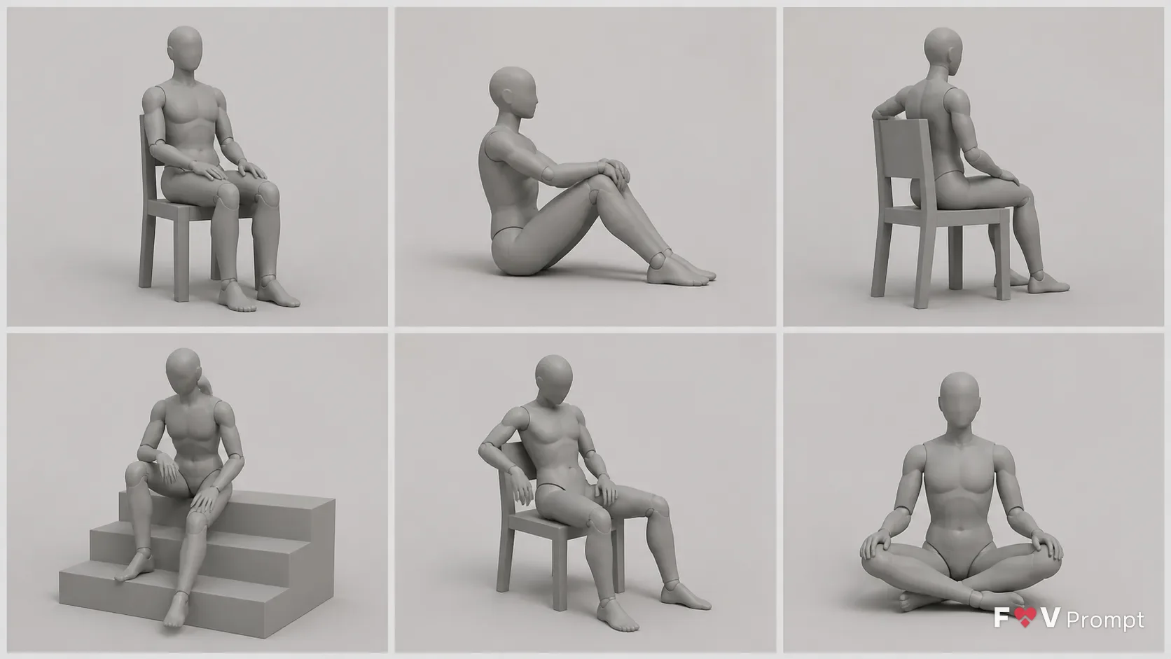 Six-Pose Sitting Figure Reference Sheet