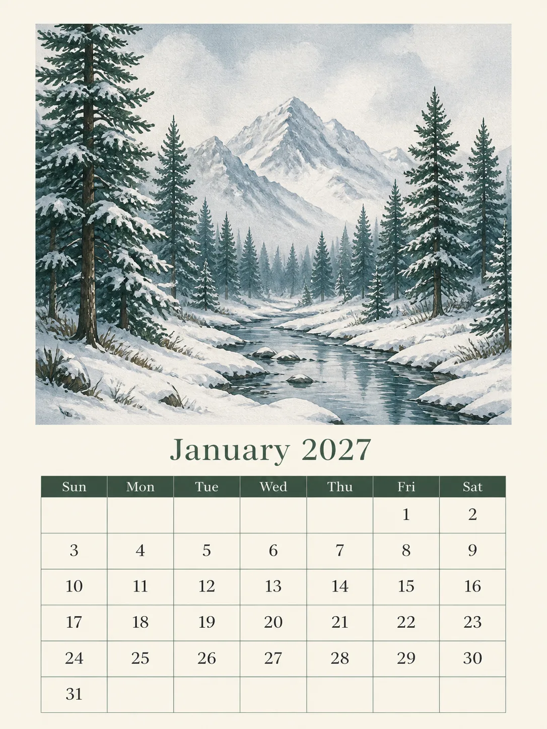 Snowy Pine Forest January Wall Calendar