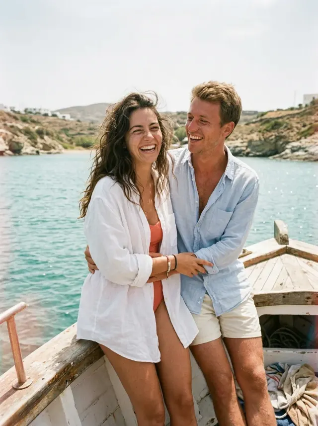Sun Faded Greek Boat Couple Photo