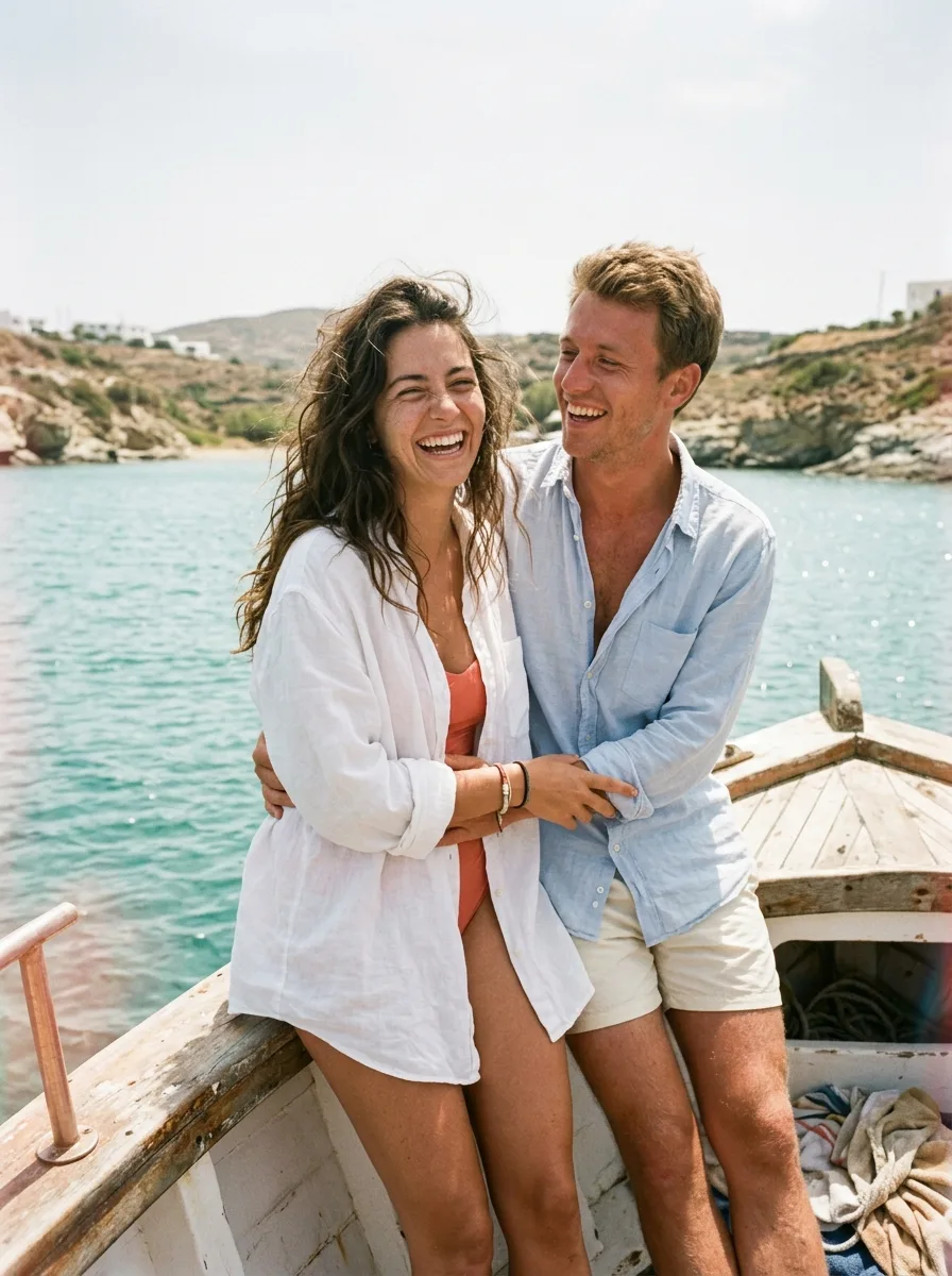 Sun Faded Greek Boat Couple Photo