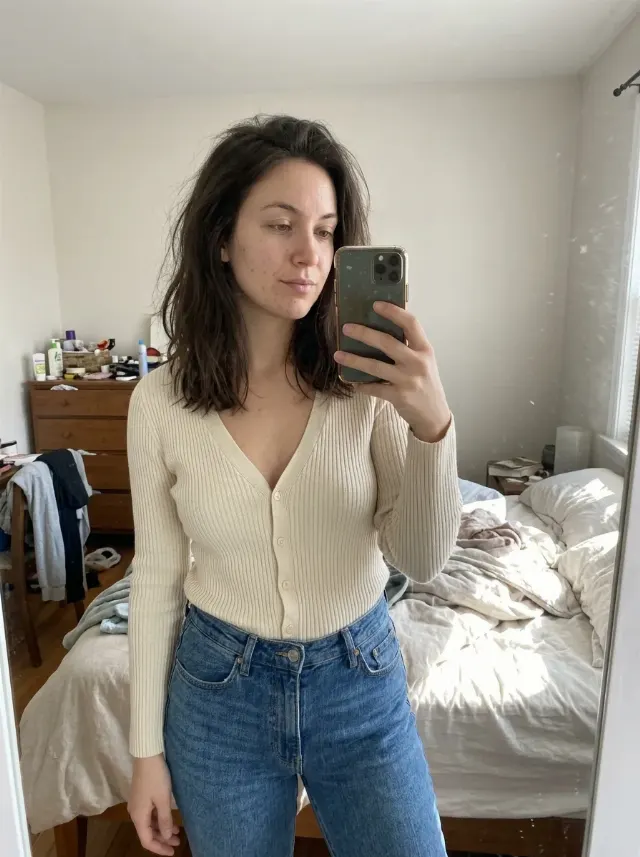 Sunlit Bedroom Cardigan Mirror Selfie