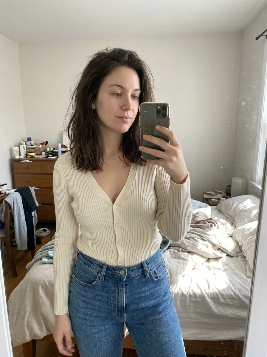 Sunlit Bedroom Cardigan Mirror Selfie