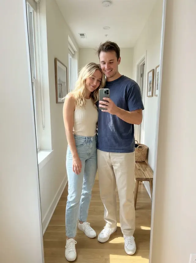 Sunny Apartment Hallway Couple Mirror Selfie
