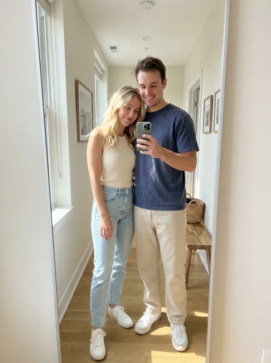 Sunny Apartment Hallway Couple Mirror Selfie