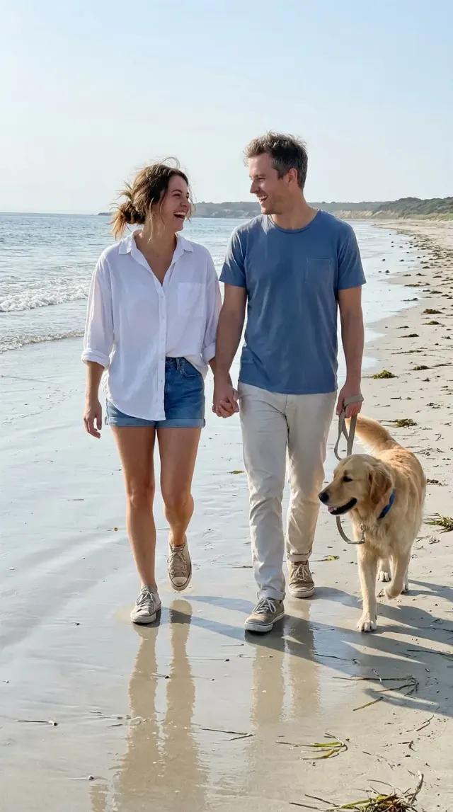 Sunny Beach Couple Dog Walk Photo