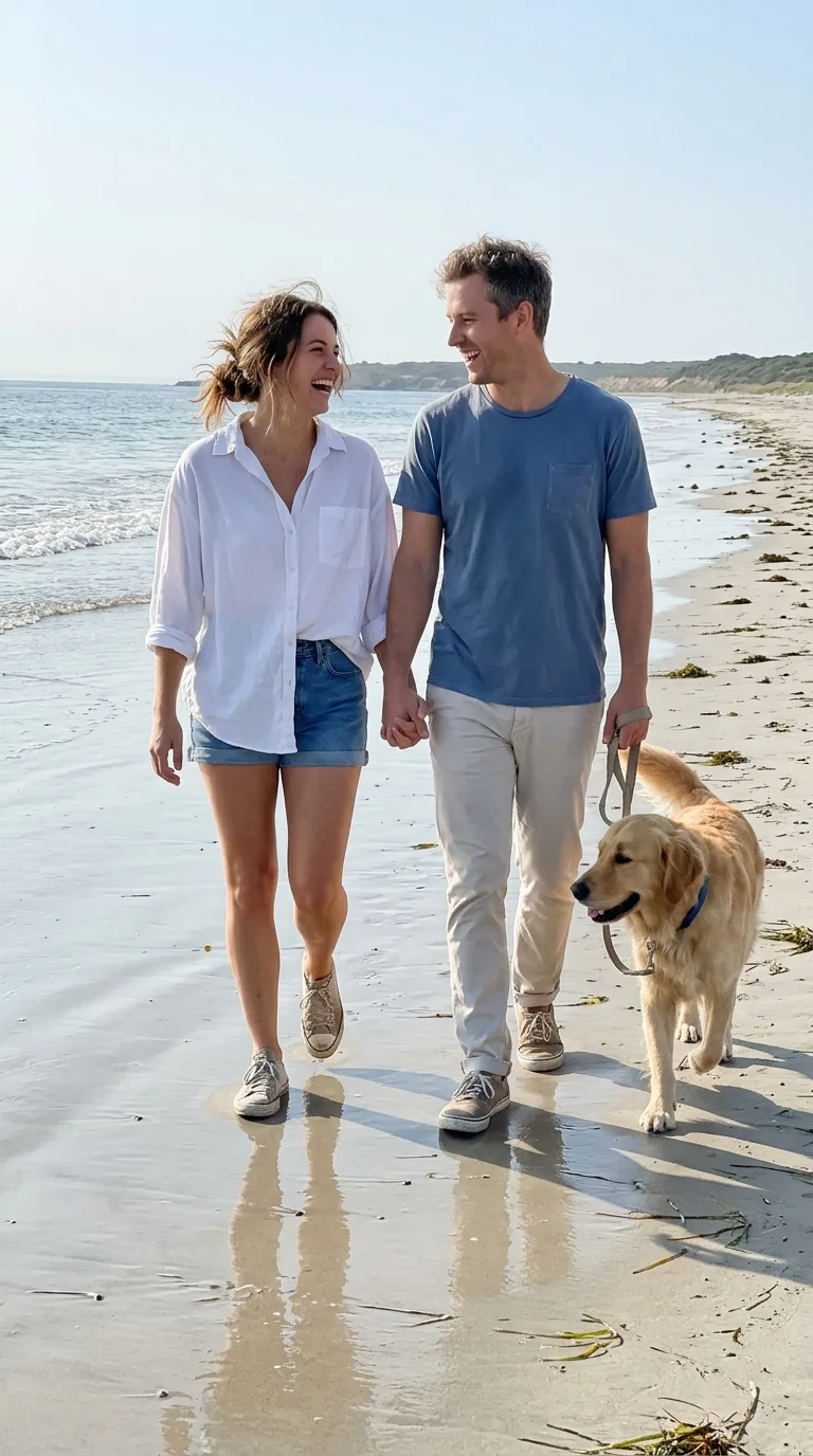 Sunny Beach Couple Dog Walk Photo