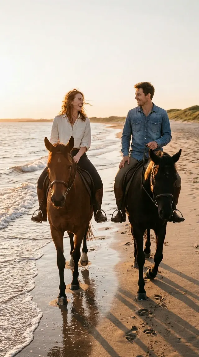 Sunset Beach Horseback Couple Photo