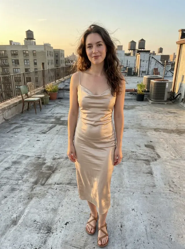 Sunset Rooftop Satin Dress Full Body Photo