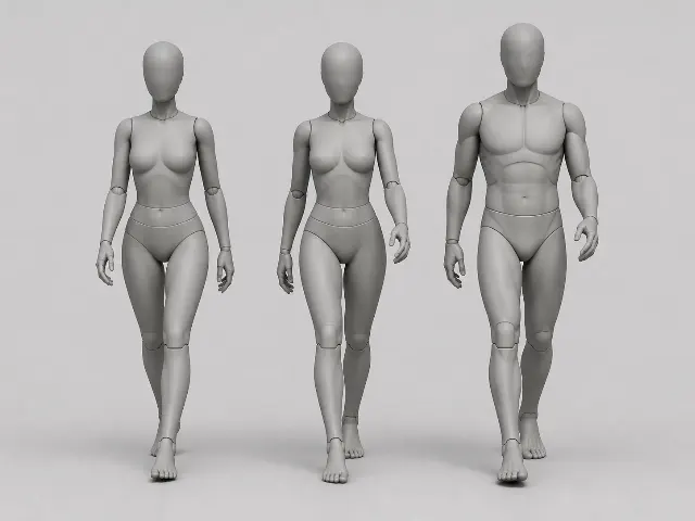 Three-Figure Walking Mannequin Pose Reference