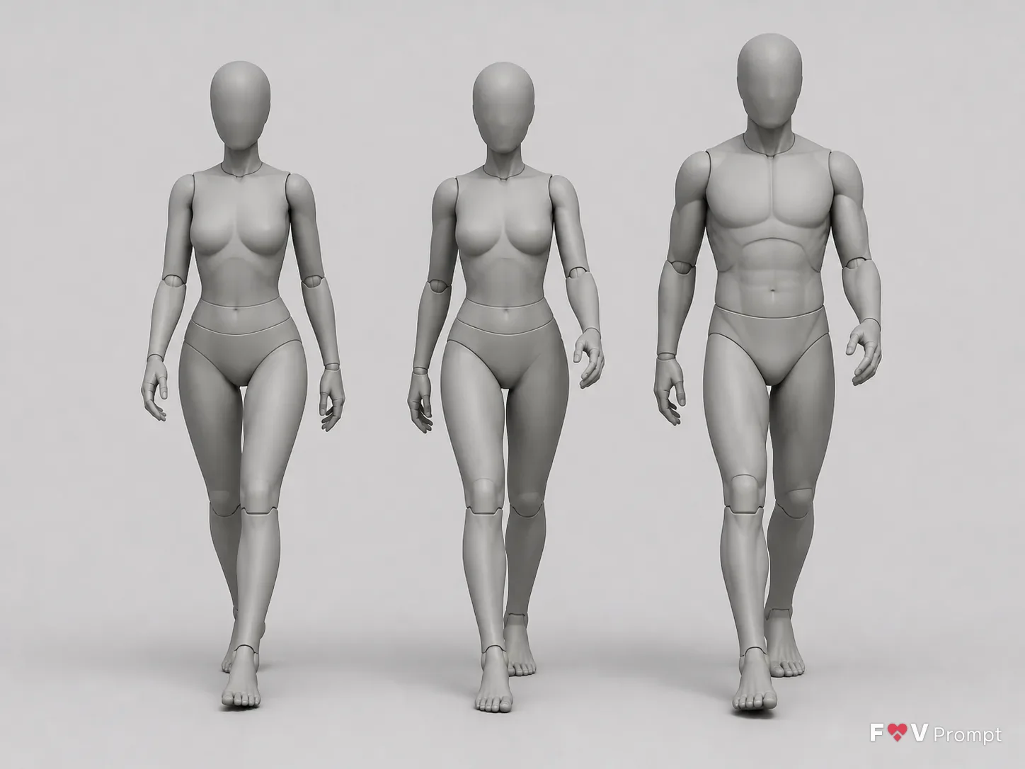 Three-Figure Walking Mannequin Pose Reference
