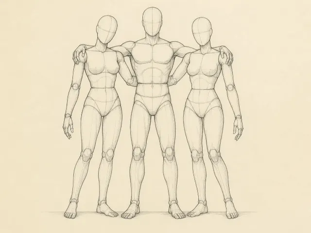 Three-Mannequin Shoulder Group Pose Sketch