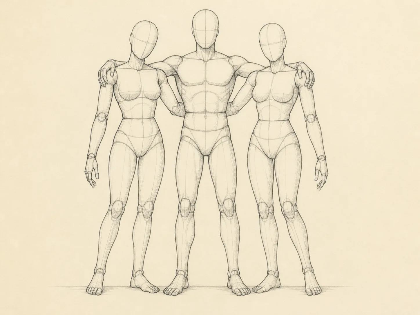 Three-Mannequin Shoulder Group Pose Sketch