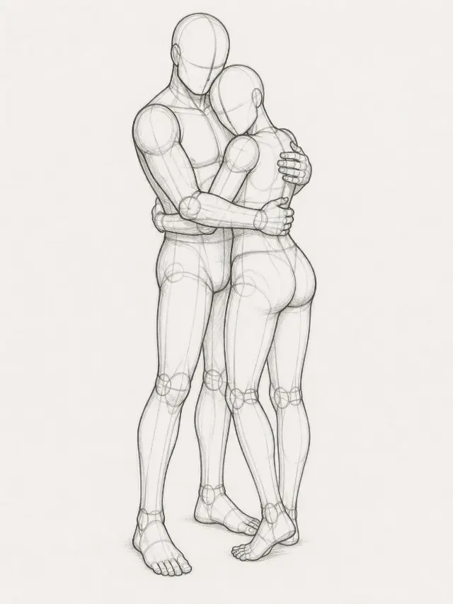Tight Hug Couple Pose Reference Sketch
