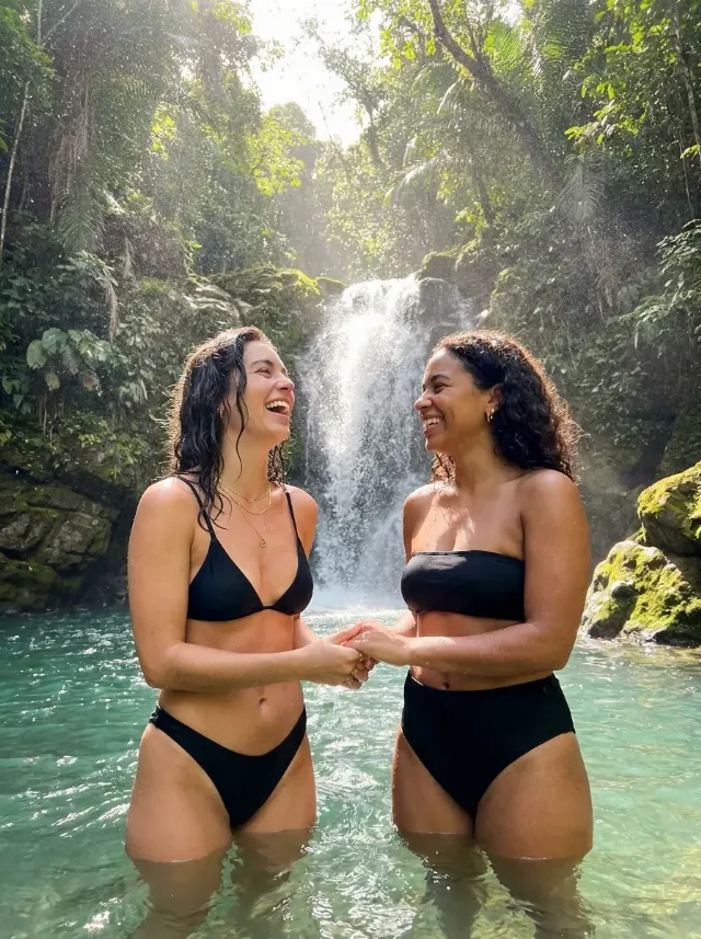 Tropical Waterfall Couple Bikini Photo
