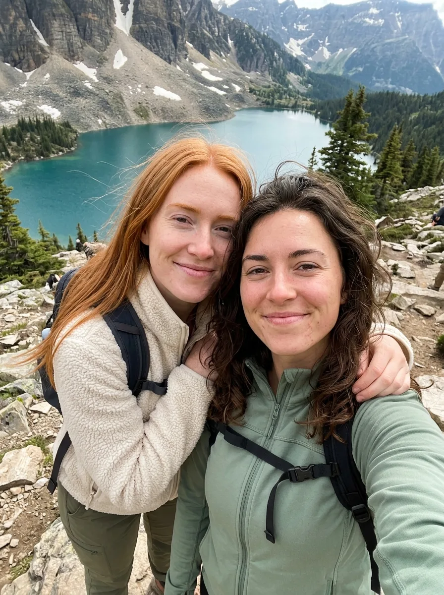 Turquoise Mountain Lake Couple Selfie