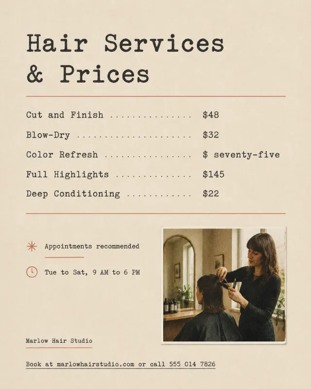 Typewriter Hair Salon Price List Post
