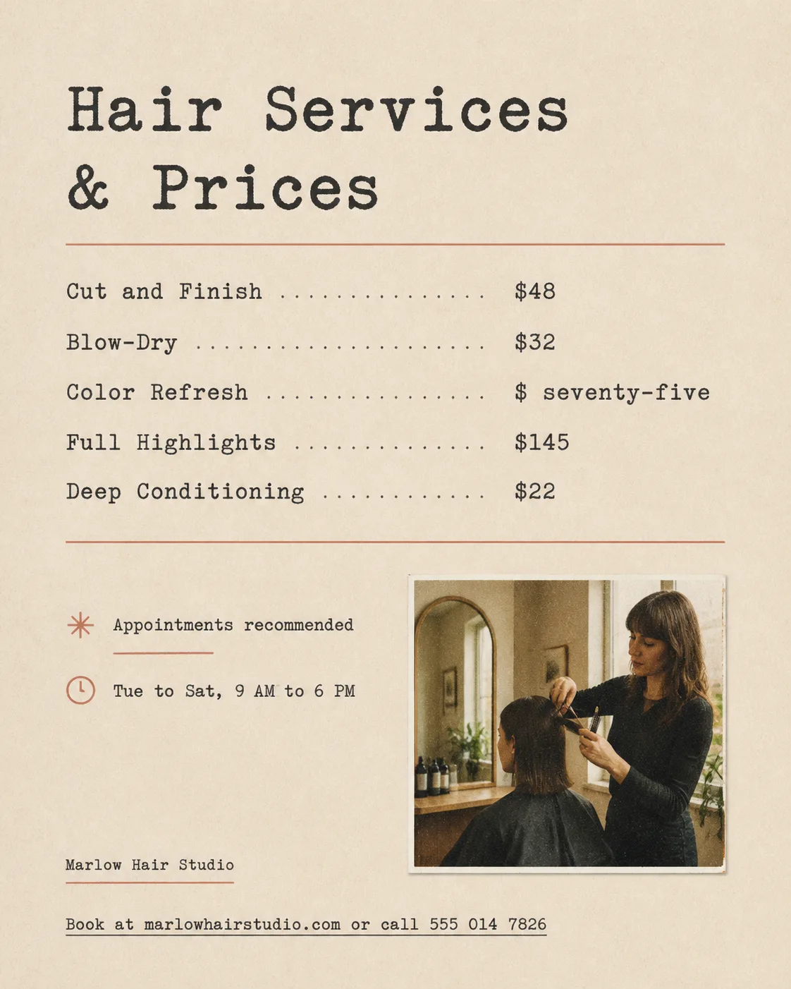 Typewriter Hair Salon Price List Post
