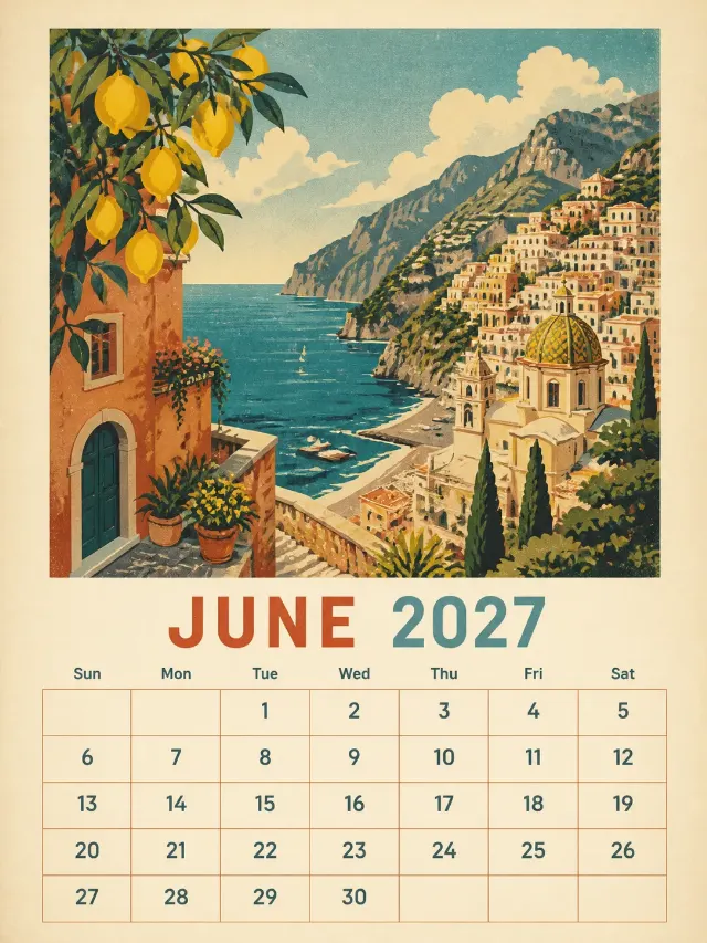 Vintage Amalfi Coast June Calendar Page