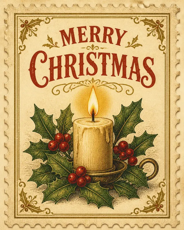 Vintage Candle And Holly Christmas Card
