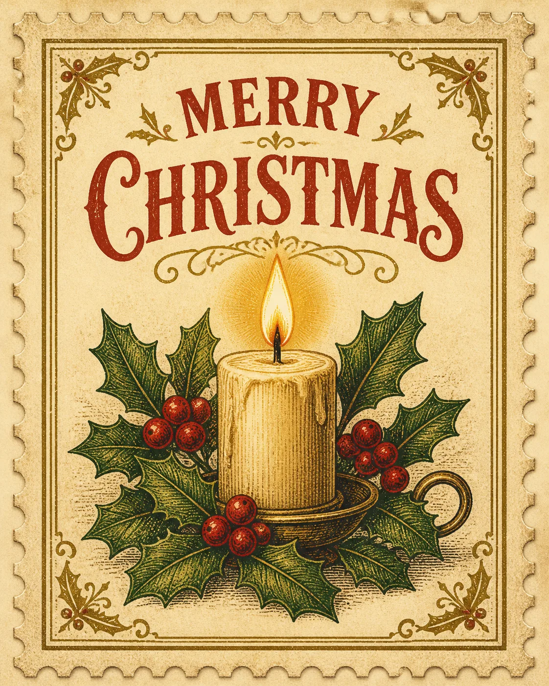 Vintage Candle And Holly Christmas Card