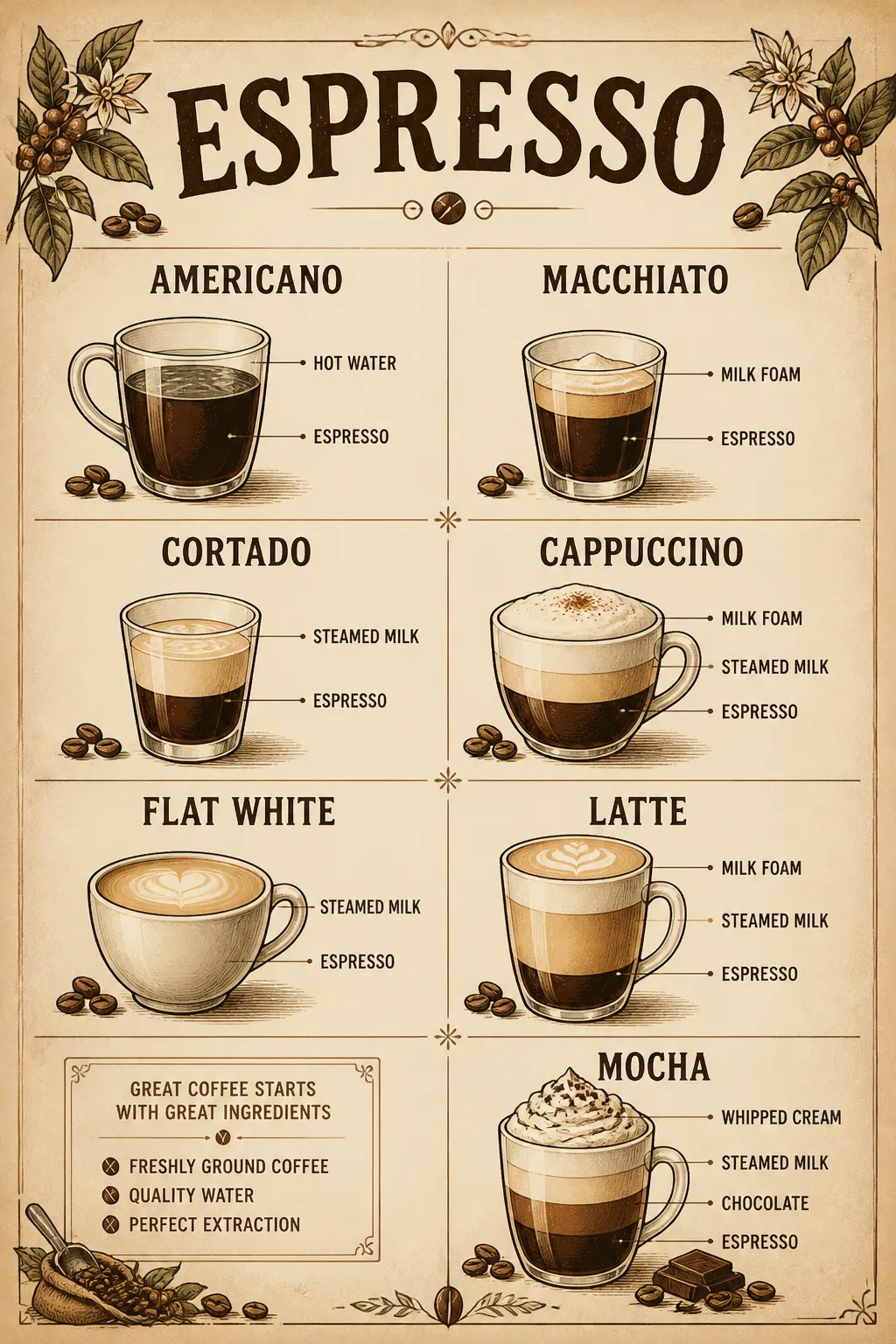 Vintage Espresso Drinks Coffee Wall Chart