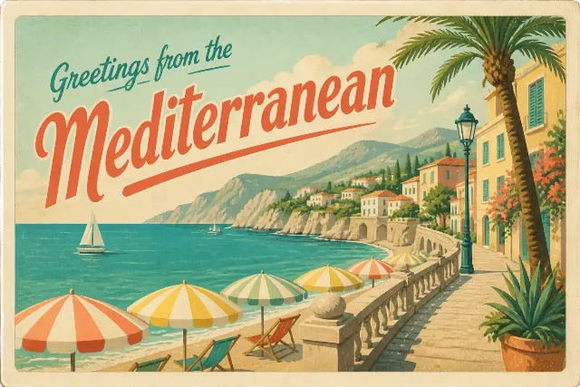 Vintage Mediterranean Beach Postcard