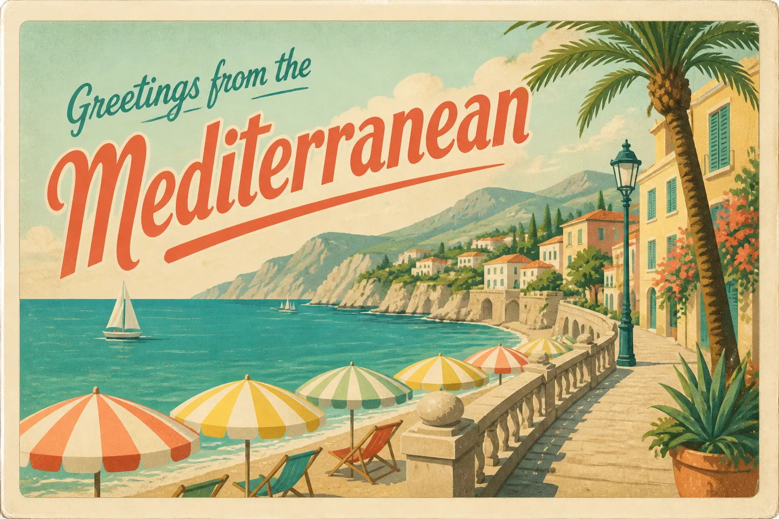 Vintage Mediterranean Beach Postcard