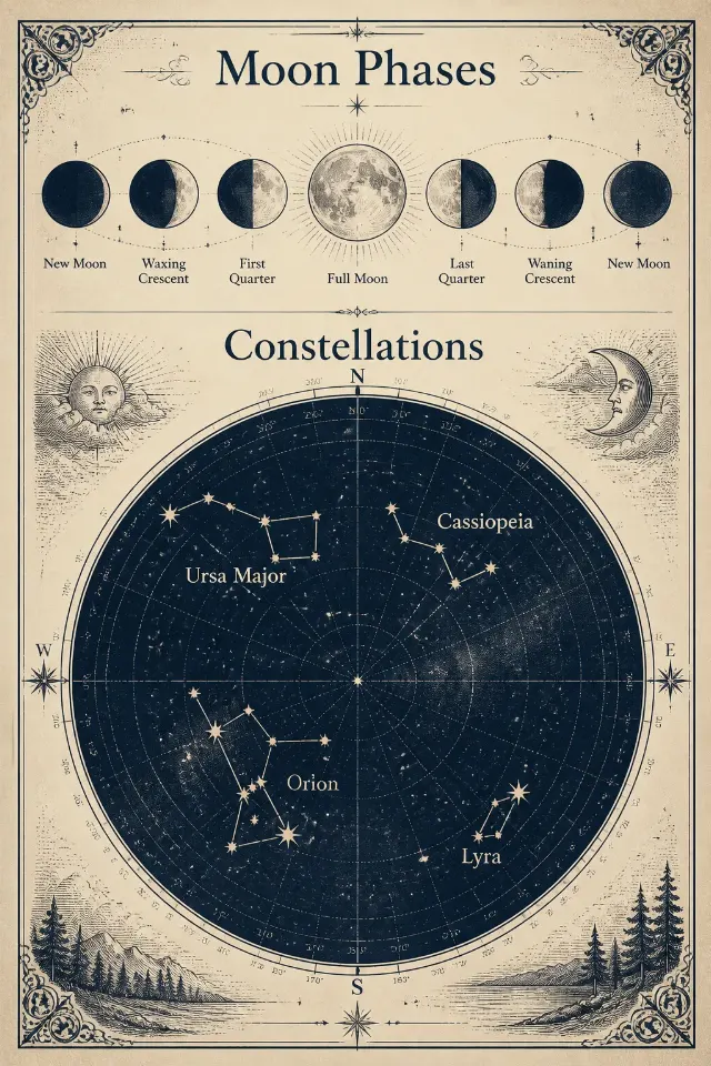 Vintage Moon Phases And Constellation Chart