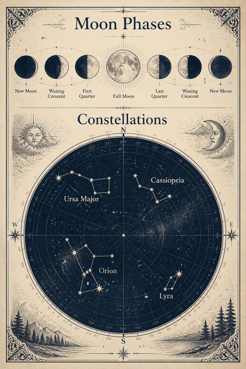 Vintage Moon Phases And Constellation Chart