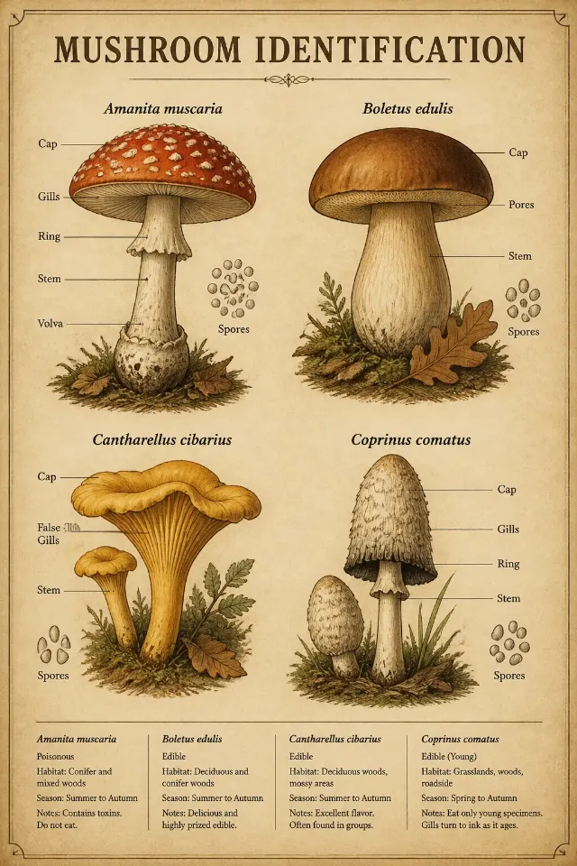 Vintage Mushroom Identification Chart Poster