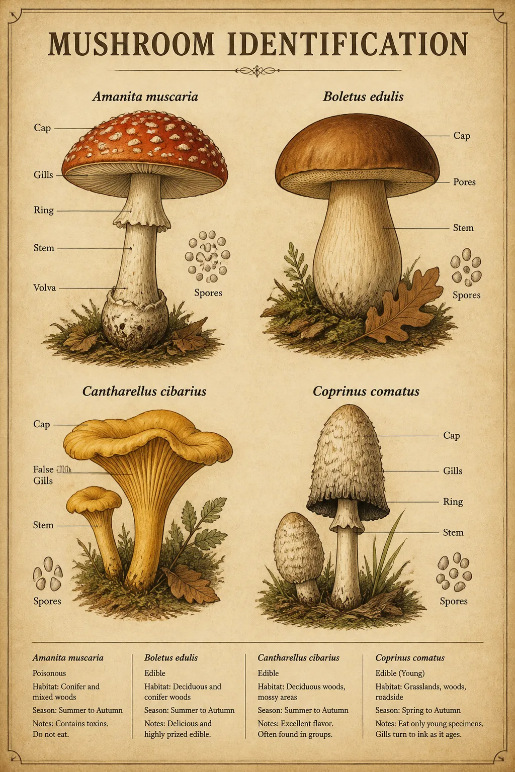 Vintage Mushroom Identification Chart Poster