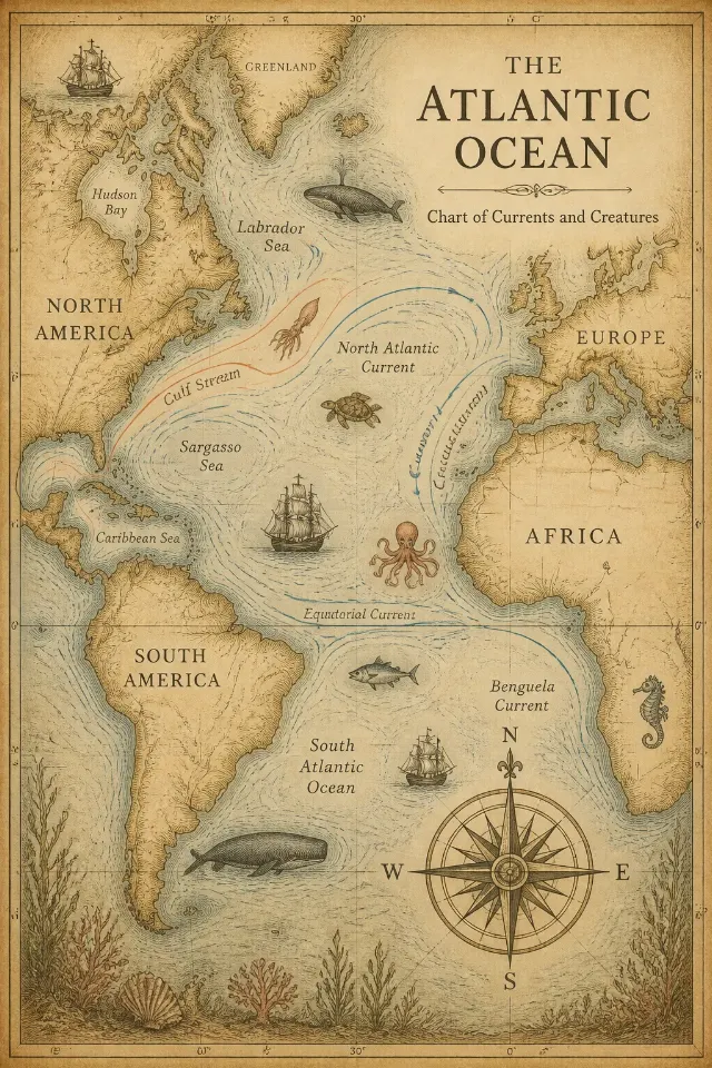 Vintage Ocean Map Parchment Wall Art