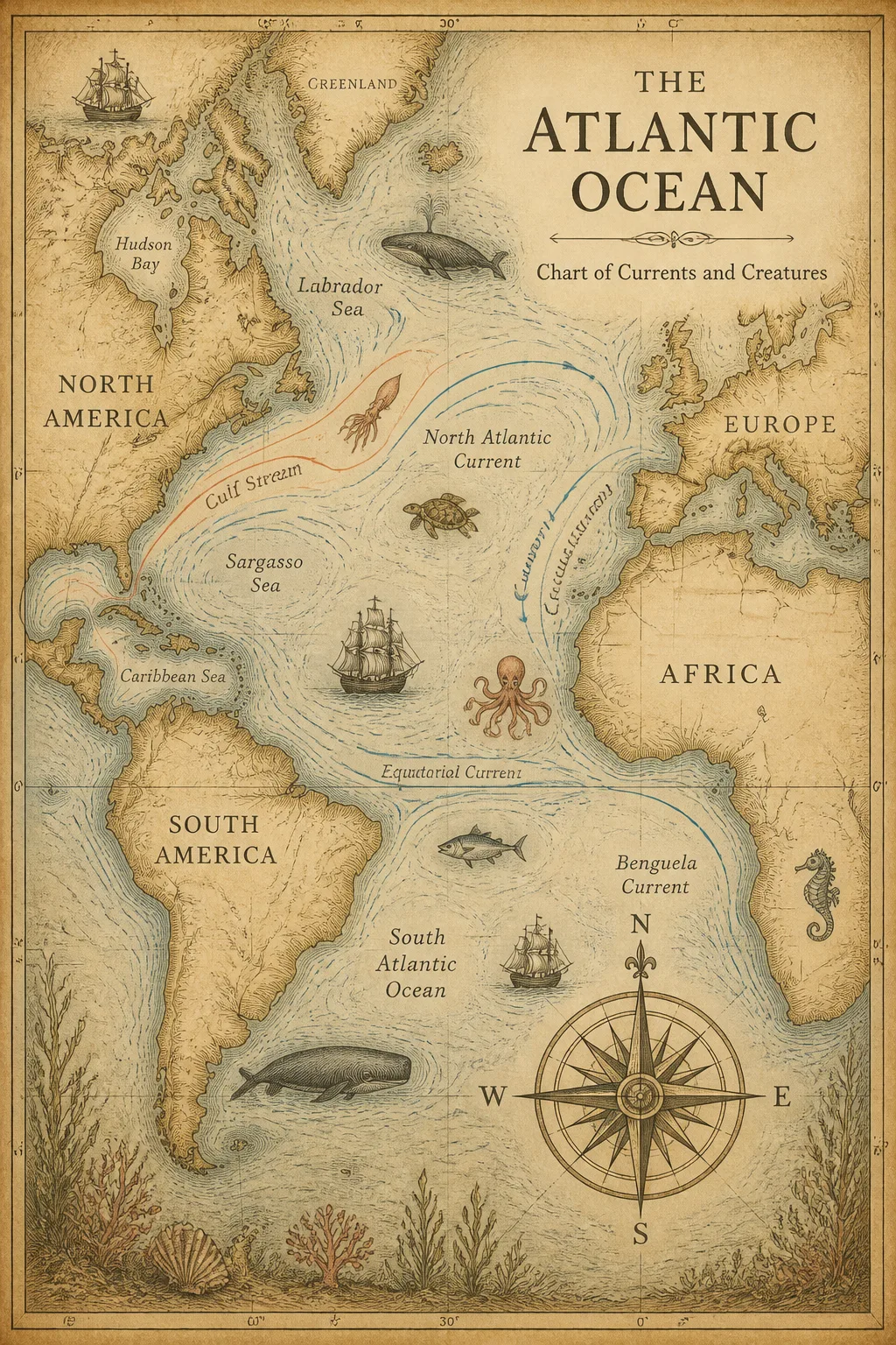 Vintage Ocean Map Parchment Wall Art